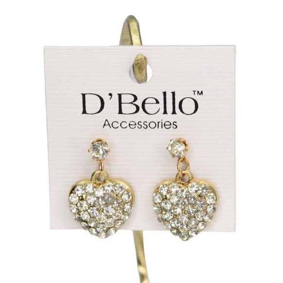 DBello Earrings Heart Rhinestone Encrusted Dangle Gold Tone CZ Pierced Post - Picture 1 of 4